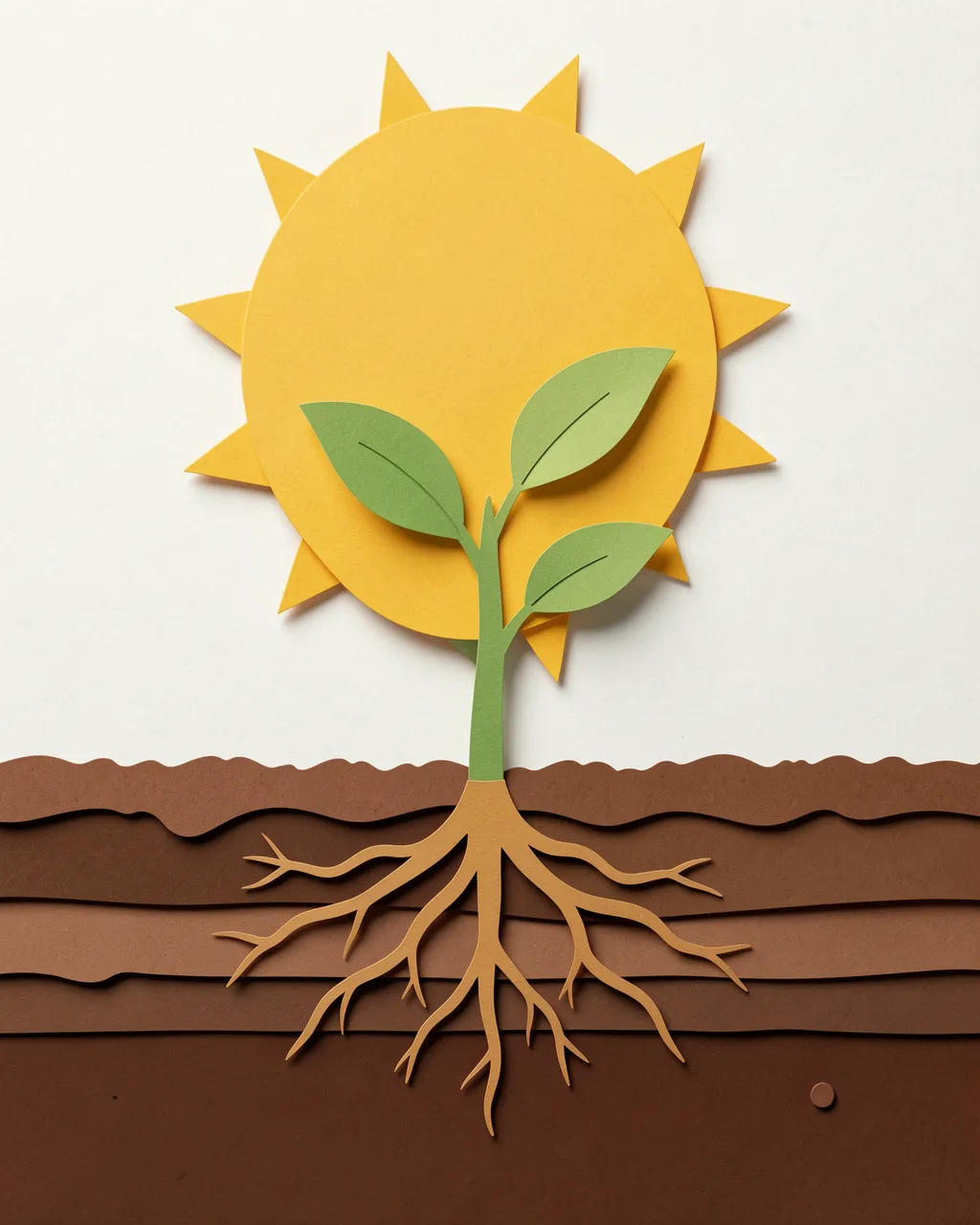 Layered paper cut illustration of a seedling with roots rising toward a large sun above stacked soil layers