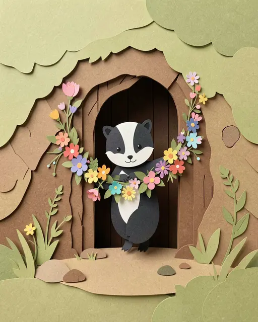 Layered paper cut illustration of a cute skunk hanging a wildflower garland above its burrow entrance.