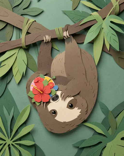 Layered paper cut illustration of a cute upside down sloth holding a plate of hibiscus salad while hanging from a jungle