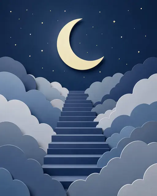 Layered paper cut illustration of a staircase rising through clouds toward a glowing crescent moon in a starry night sky