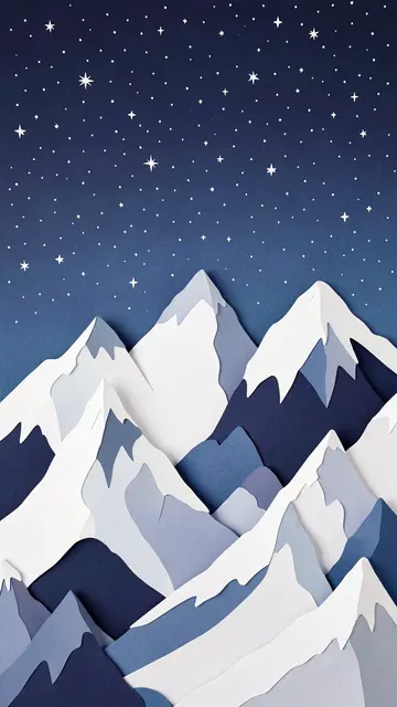 Layered paper cut art of snowy mountain peaks under a starry indigo night sky
