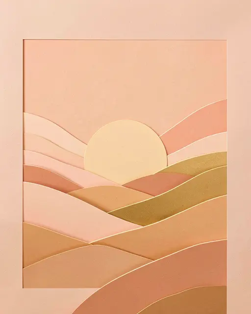 Layered paper cut art of a pastel peach and gold sunrise over rolling hills