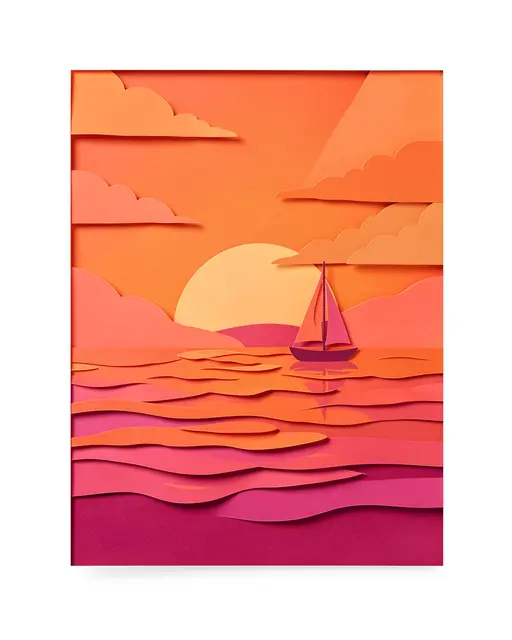 Layered paper cut art of a sunset over the sea with a small sailboat floating on orange and pink waves
