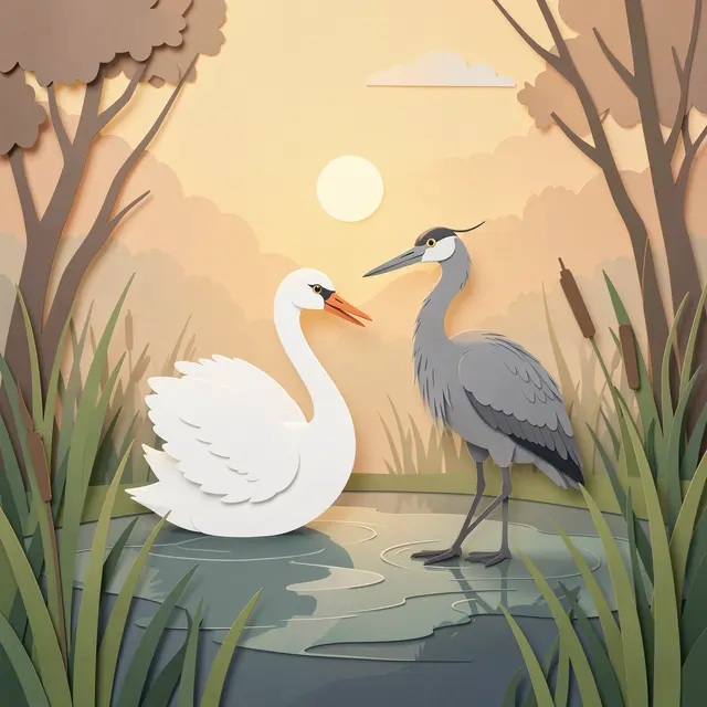 Layered paper cut illustration of a white swan and gray heron in a misty dawn marsh