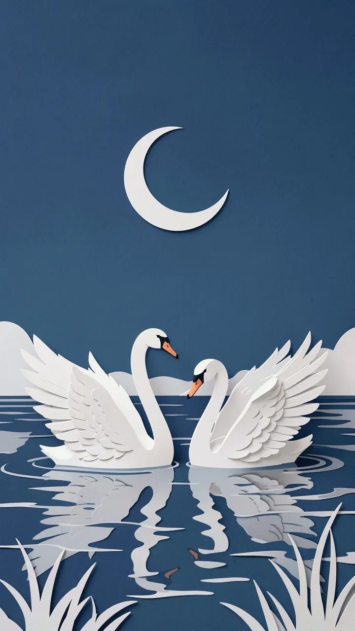 Layered paper cut illustration of two swans floating on a lake beneath a crescent moon