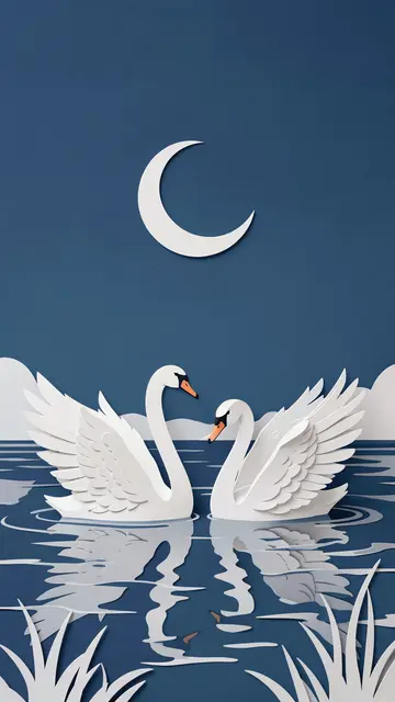 Layered paper cut illustration of two swans floating on a lake beneath a crescent moon