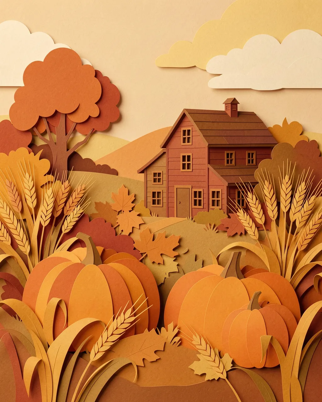 Layered paper cut illustration of a fall harvest farm scene with pumpkins, wheat, and a red farmhouse