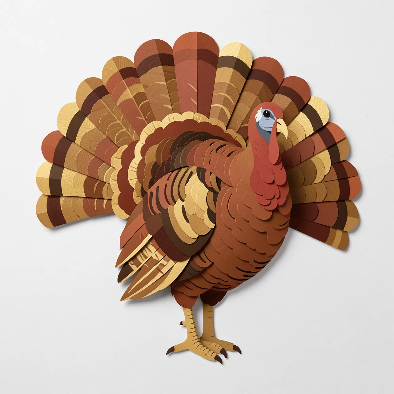 Layered paper cut illustration of a turkey with fanned tail feathers against an off-white background