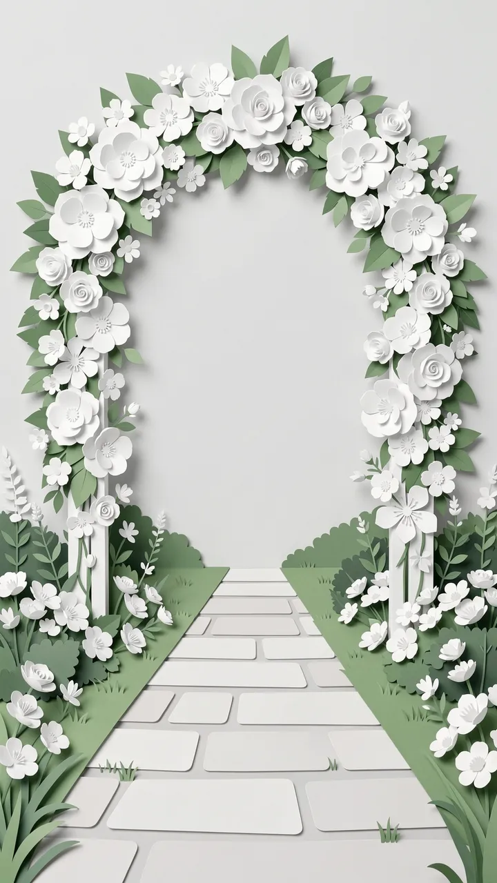 Layered paper cut illustration of a white flower wedding arch over a garden stone path with empty central space