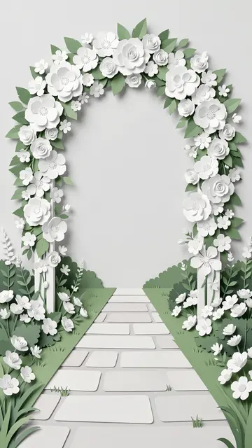 Layered paper cut illustration of a white flower wedding arch over a garden stone path with empty central space