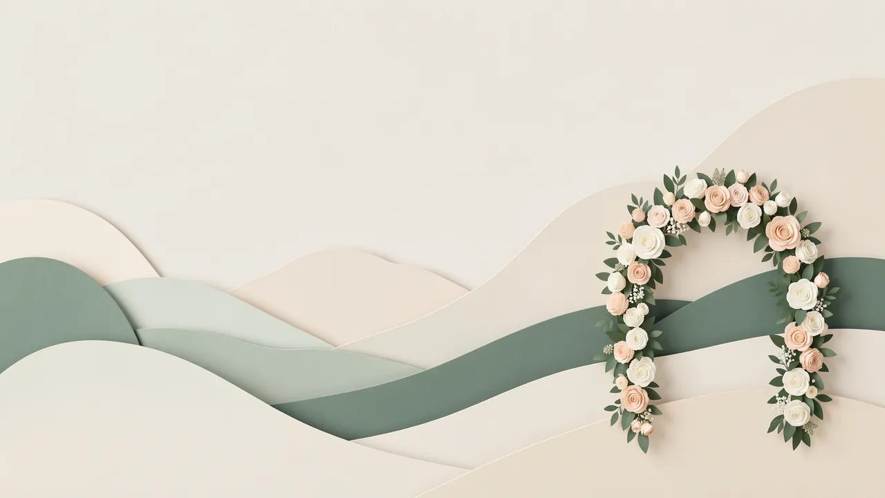 Layered paper cut sage and ivory hills with a floral arch on the right and empty copy space on the left
