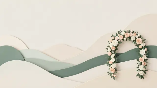 Layered paper cut sage and ivory hills with a floral arch on the right and empty copy space on the left