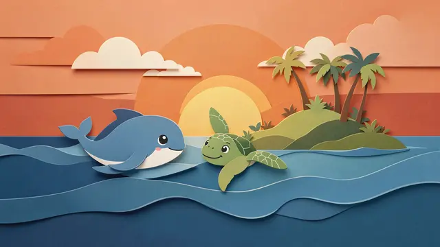 Layered paper cut illustration of a cute whale and sea turtle swimming toward a palm island at sunset