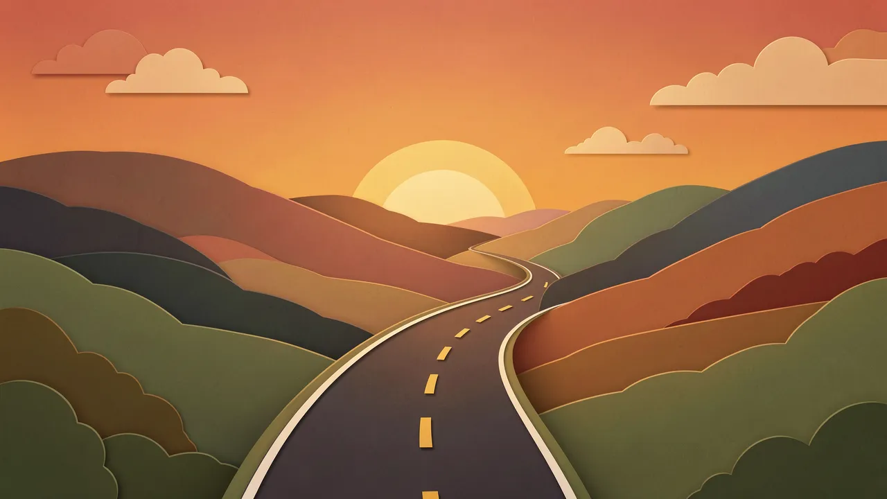 Layered paper cut illustration of a winding road rolling through hills at warm sunrise