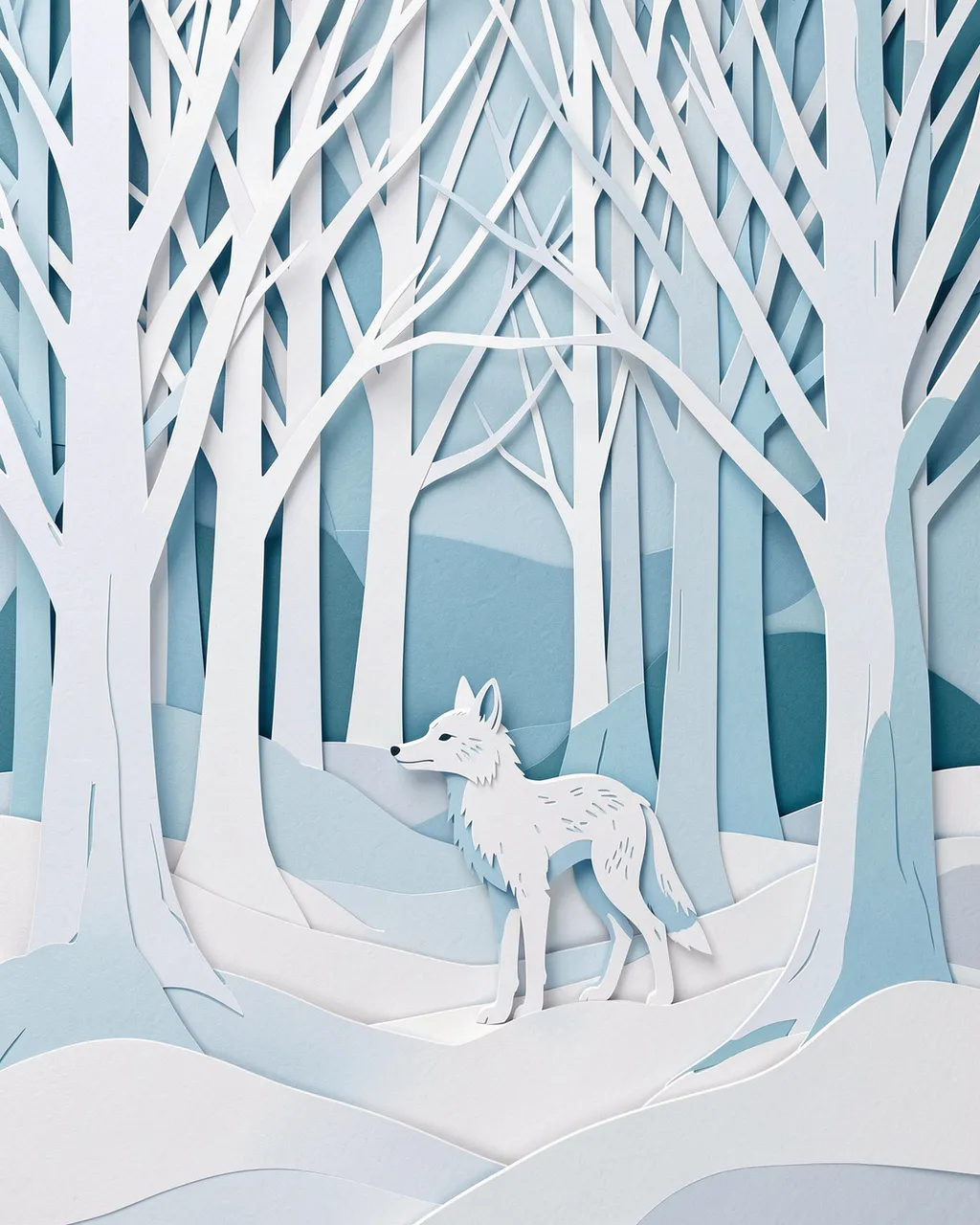 Layered paper cut art of a white fox standing in a snowy icy blue winter forest