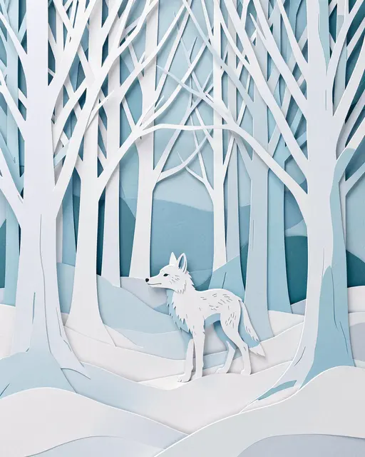Layered paper cut art of a white fox standing in a snowy icy blue winter forest