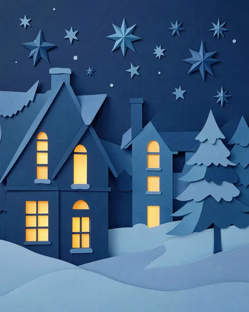 Layered paper cut illustration of cozy houses with glowing windows under starry winter night skies