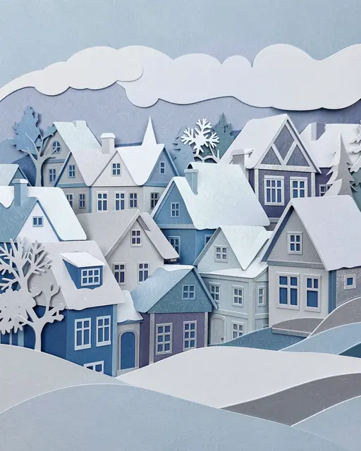 Layered paper cut art of a snowy winter village with blue and silver rooftops against a pale sky