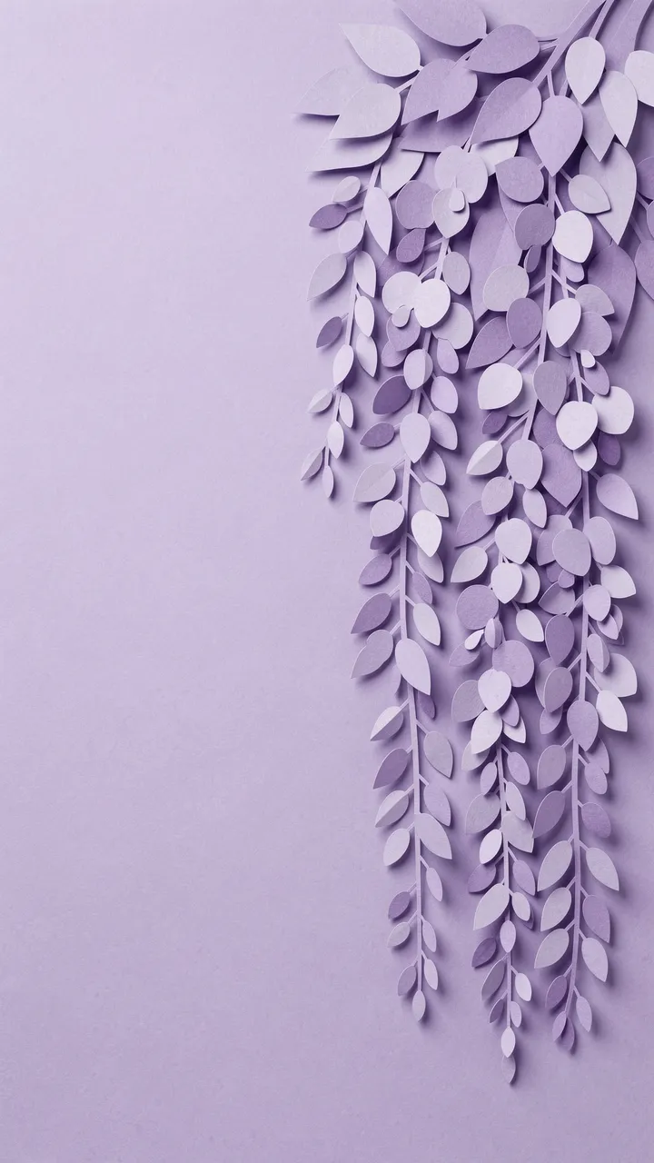 Layered purple paper-cut wisteria foliage cascades down the right side of a solid lavender background with empty left copy