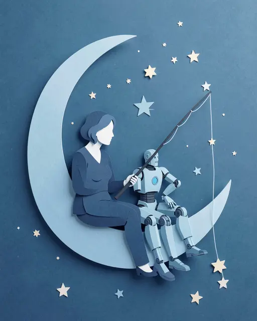 Paper cut illustration of a faceless woman and robot sitting on a crescent moon fishing for stars against a dreamy blue