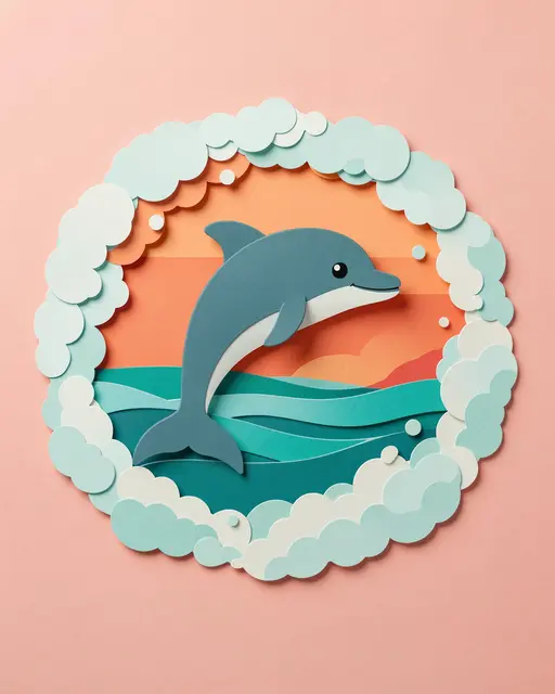 Layered paper cut illustration of a cute leaping dolphin framed by sea foam at pastel sunset