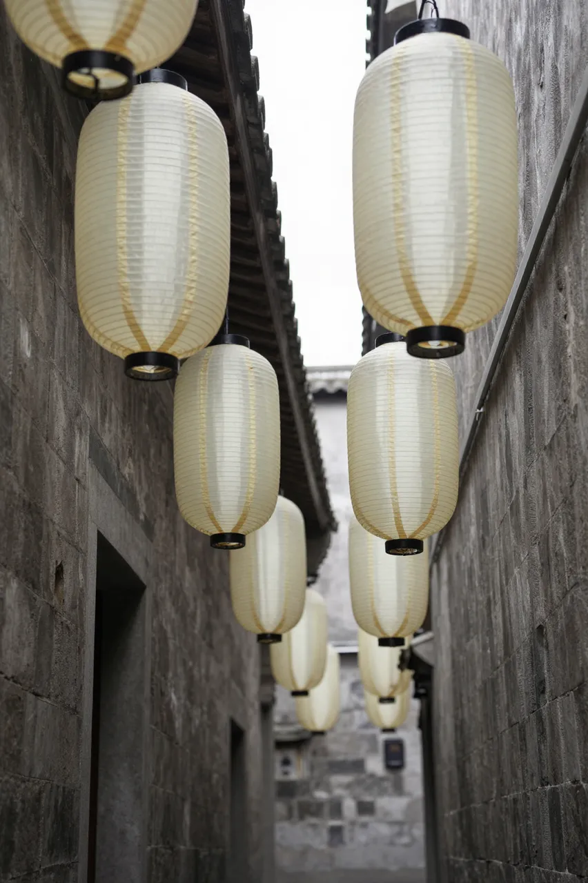 Rows of plain white paper lanterns hang along a narrow stone old town alley under overcast sky