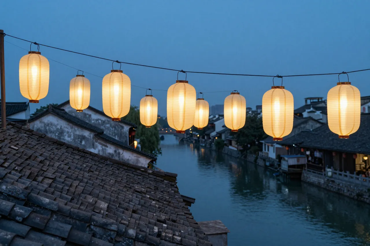 Warm glowing paper lanterns hang above a historic canal town at quiet blue hour