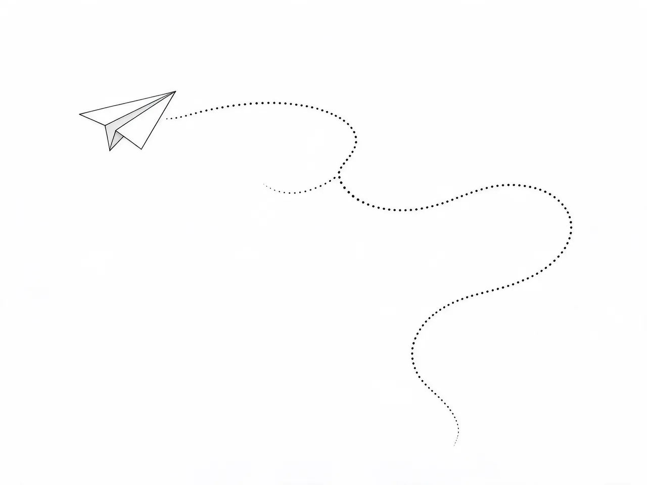 Fine line drawing of a paper plane with a curving dotted flight trail on a plain white background
