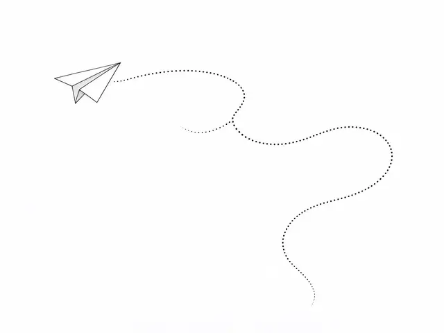 Fine line drawing of a paper plane with a curving dotted flight trail on a plain white background