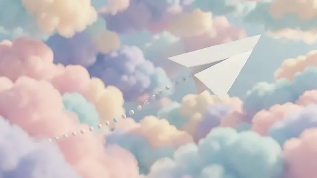 A white paper plane flies across soft pastel clouds leaving a dotted trail behind it