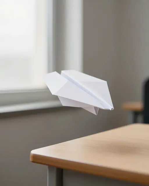 A folded white paper plane hovers mid-air above a wooden office desk near a bright window