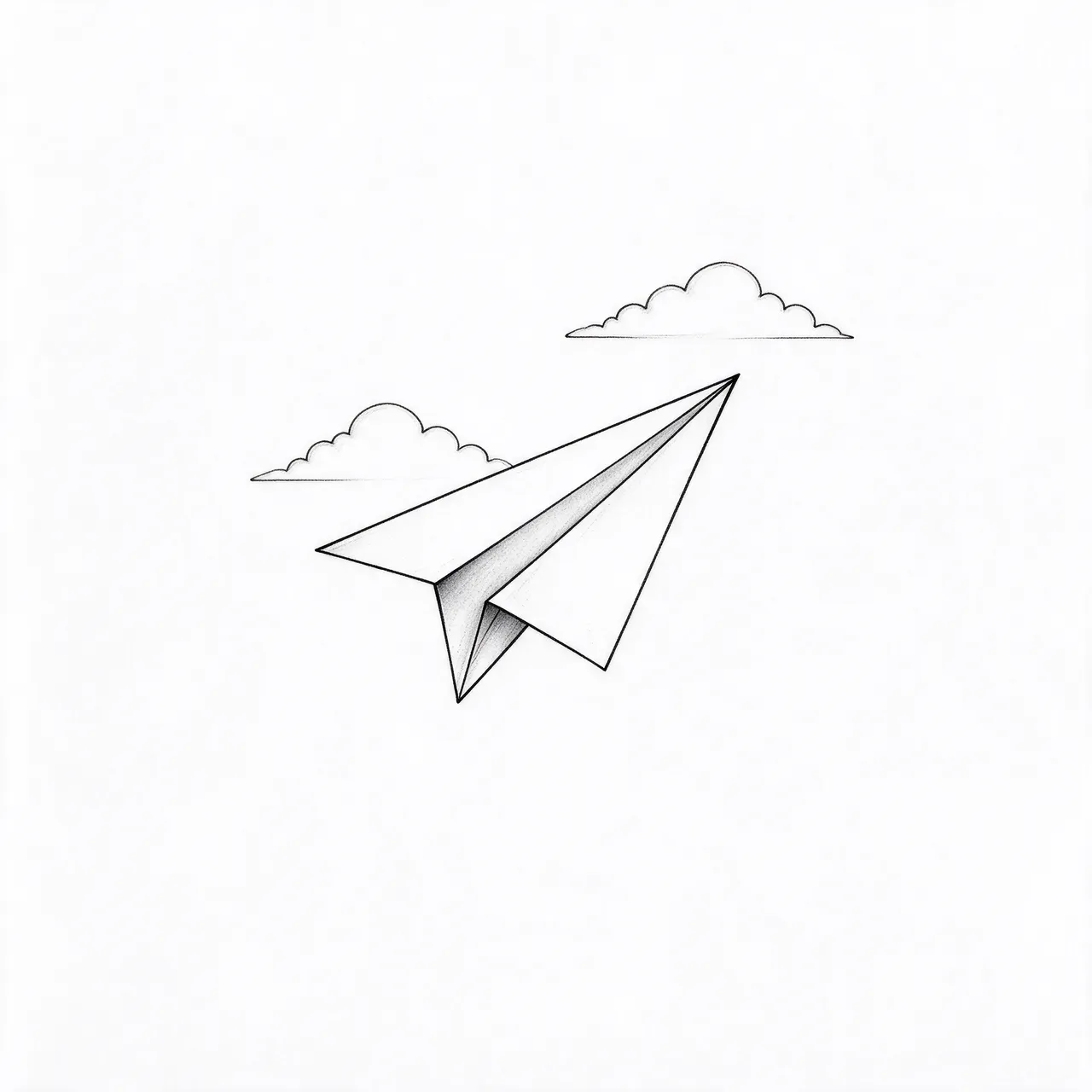 Delicate black line art of a climbing paper plane passing two outlined clouds on plain white paper
