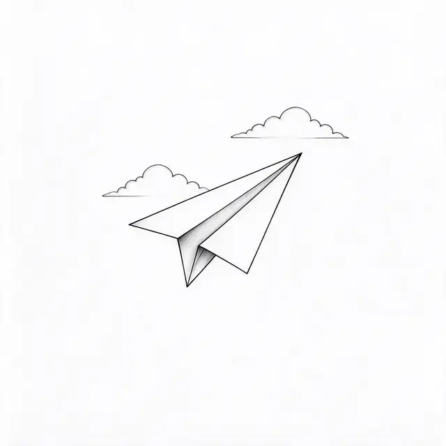 Delicate black line art of a climbing paper plane passing two outlined clouds on plain white paper