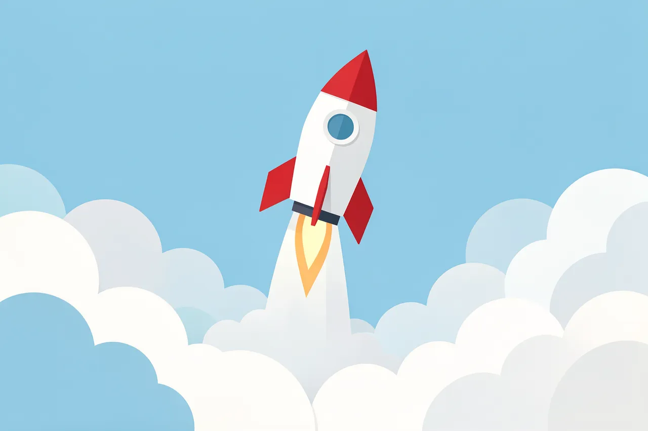 Flat illustration of a red and white rocket lifting off above soft rounded clouds against a light blue sky