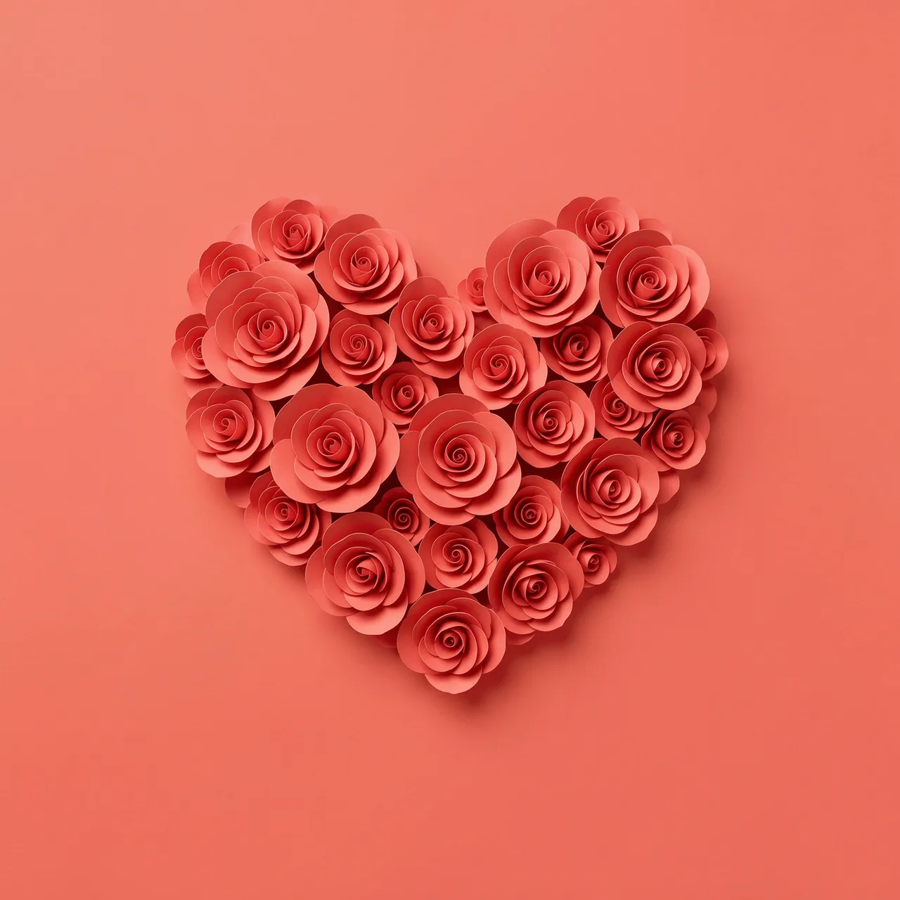 A heart shape made of layered paper roses sits on a solid coral background with empty surrounding space