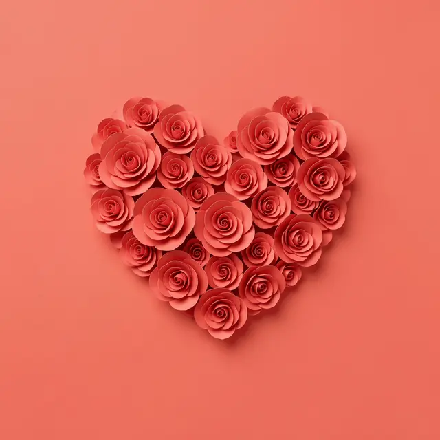 A heart shape made of layered paper roses sits on a solid coral background with empty surrounding space