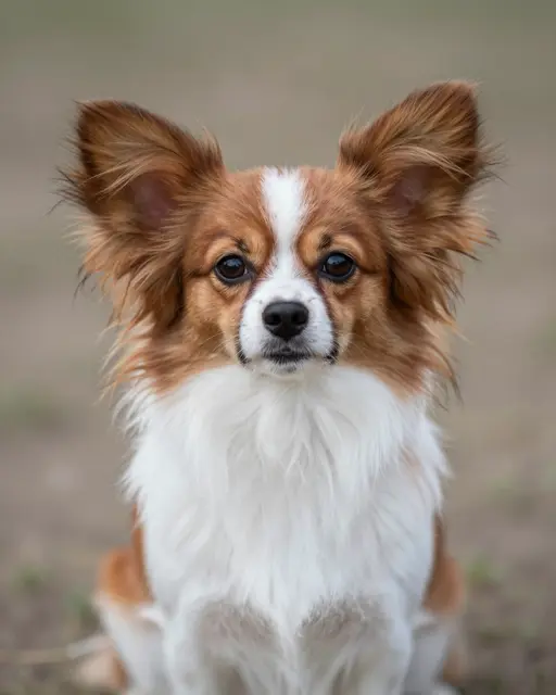 A close-up portrait of a brown and white papillon dog sitting and looking directly at the camera.