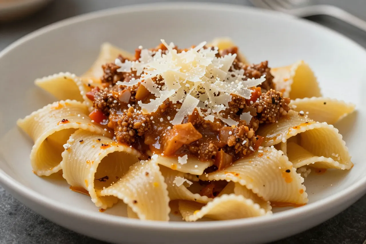 A close-up of a bowl of wide pappardelle pasta topped with rich bolognese sauce and shaved parmesan