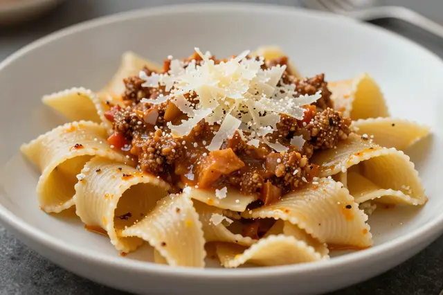 A close-up of a bowl of wide pappardelle pasta topped with rich bolognese sauce and shaved parmesan