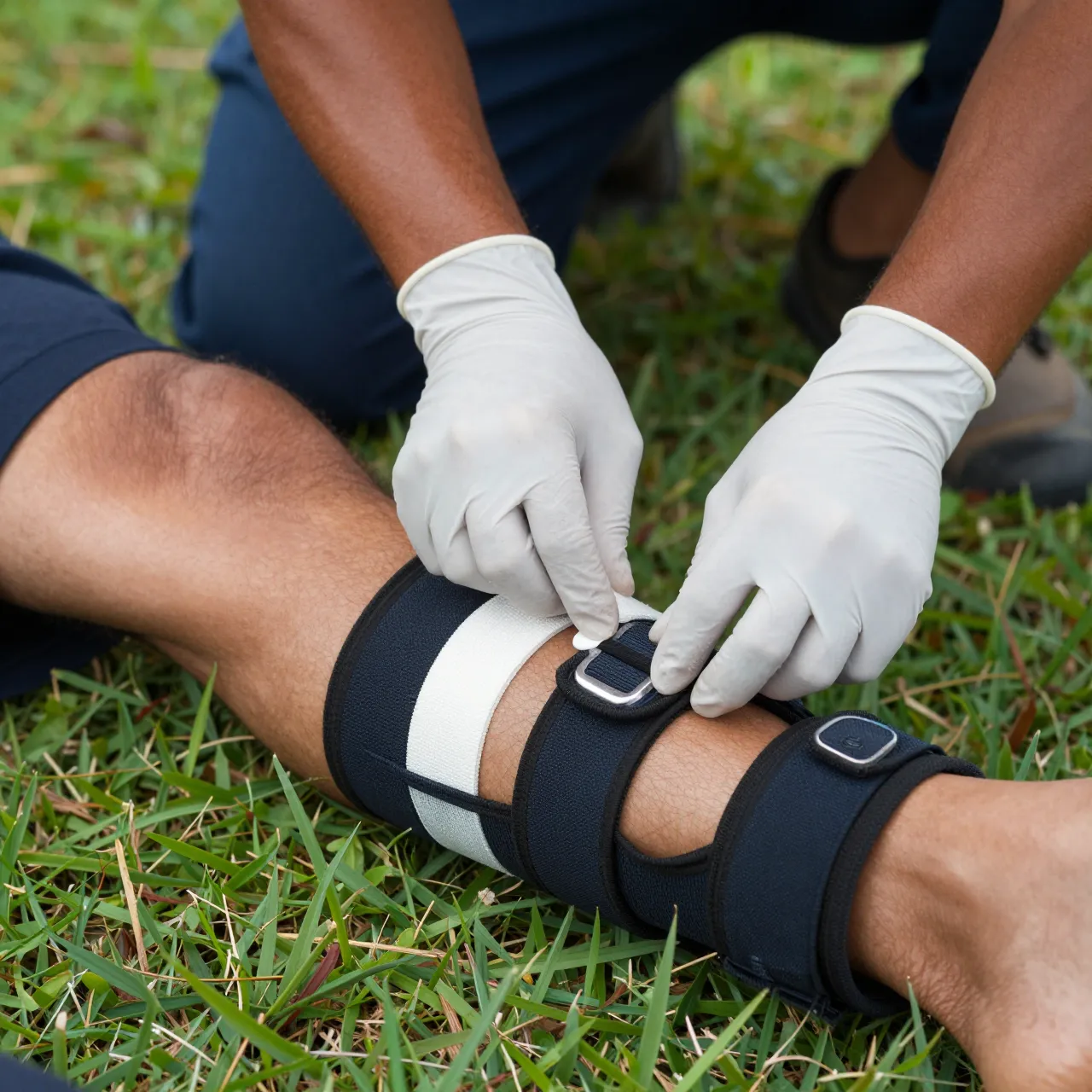 Gloved paramedic hands adjust a leg splint on a patient's lower leg resting on grass