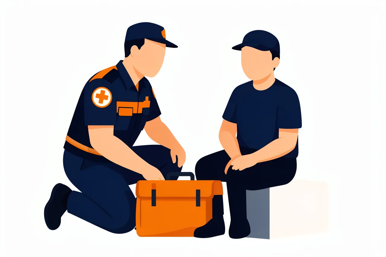 Faceless flat vector illustration of a kneeling paramedic next to a seated patient with an orange medical bag
