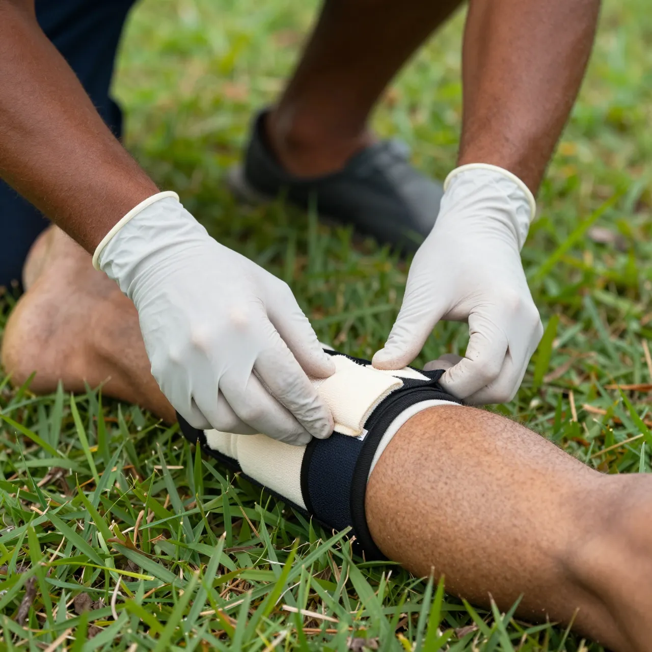 Gloved paramedic hands adjust a leg splint on a patient's lower leg resting on grass