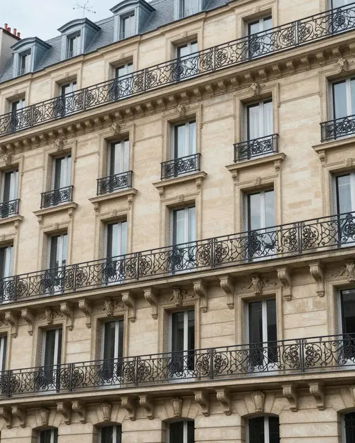 Ornate cream stone Paris apartment building with wrought iron balconies under an overcast sky