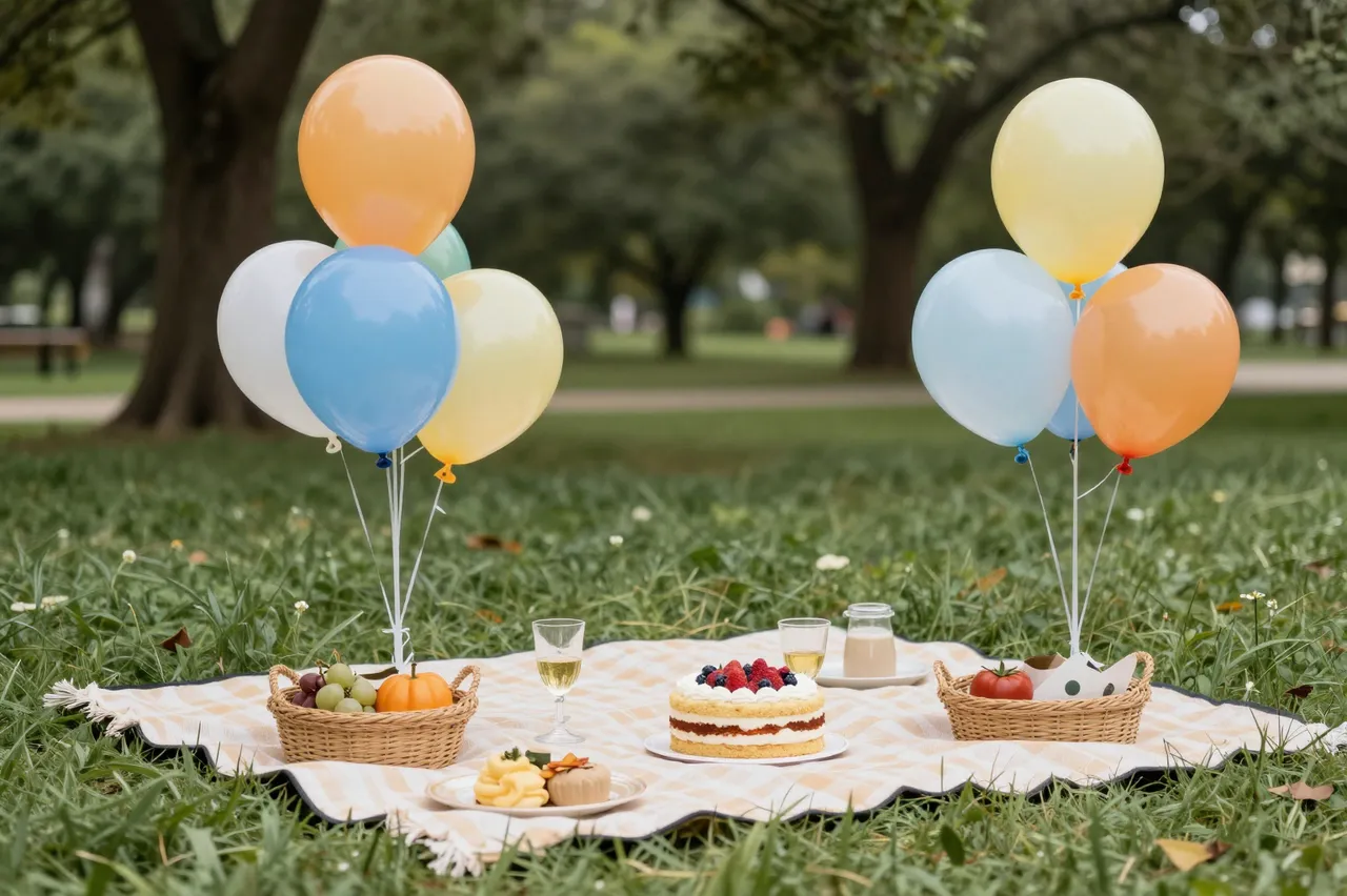 A decorated picnic blanket with cake, pastries and balloons sits on grass in a treed park.