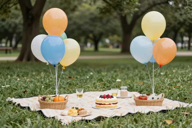 A decorated picnic blanket with cake, pastries and balloons sits on grass in a treed park.