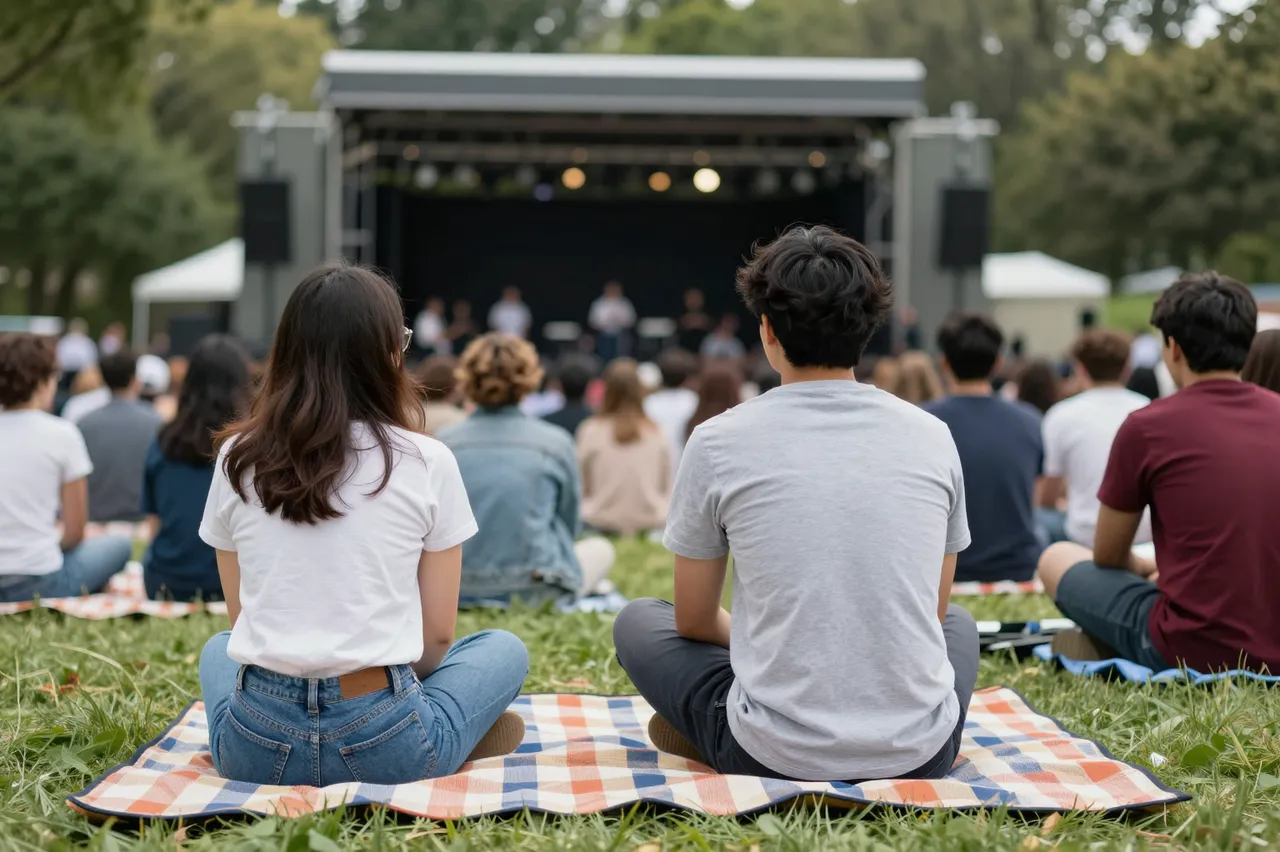 View from behind audience seated on picnic blankets watching an outdoor concert stage in a tree-lined park
