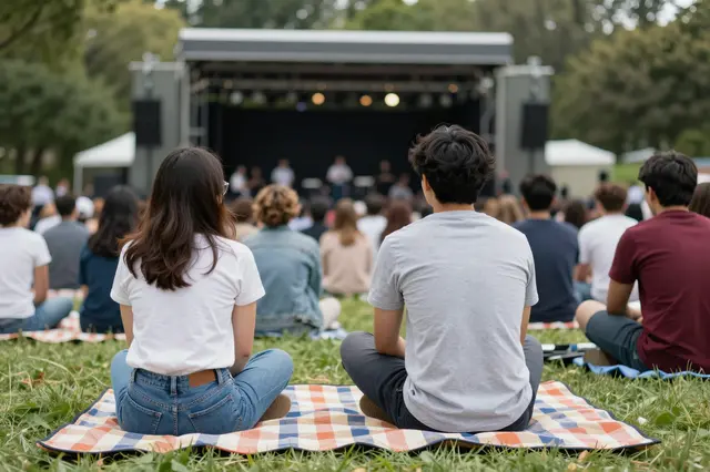 View from behind audience seated on picnic blankets watching an outdoor concert stage in a tree-lined park