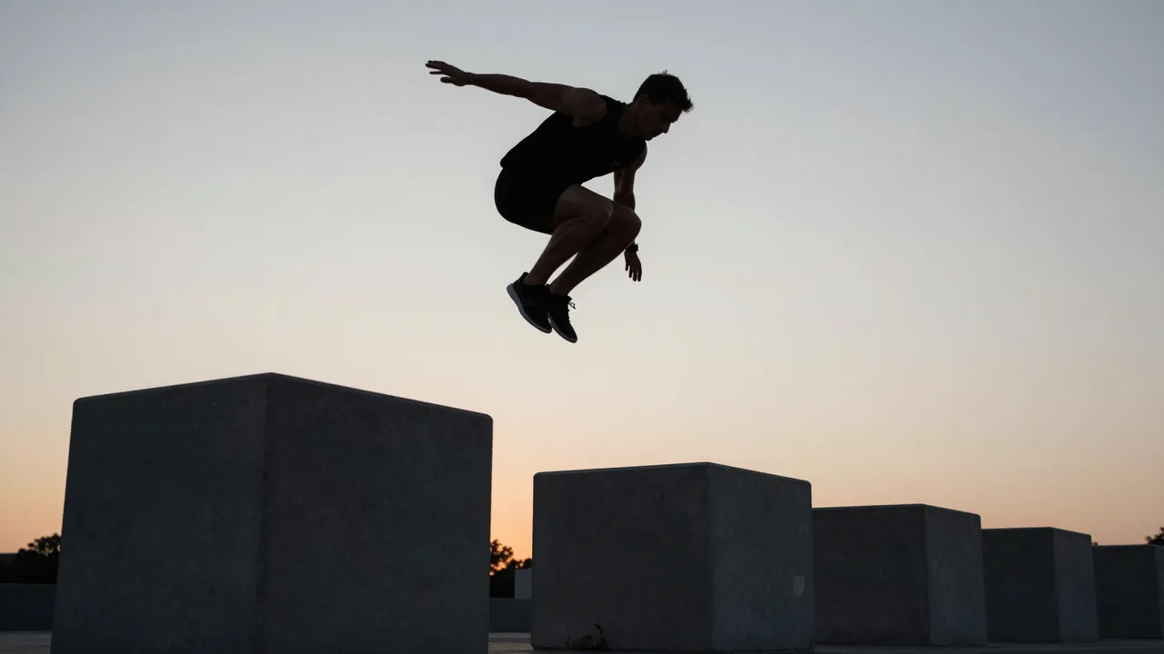 Silhouetted adult parkour athlete mid-jump between concrete blocks during soft dusk