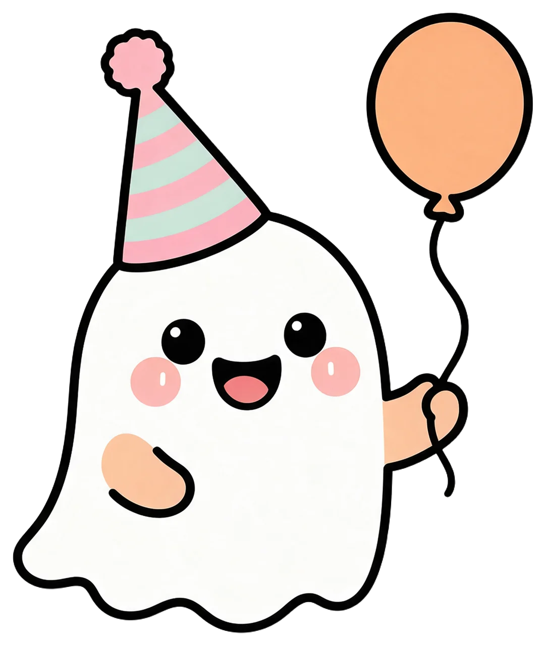 Cute cartoon white ghost wearing a striped party hat and holding an orange balloon