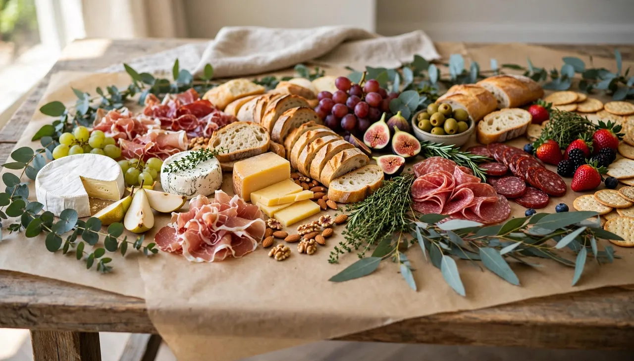 A long wooden grazing table holds assorted cheeses, cured meats, fruit, bread, and eucalyptus greenery.